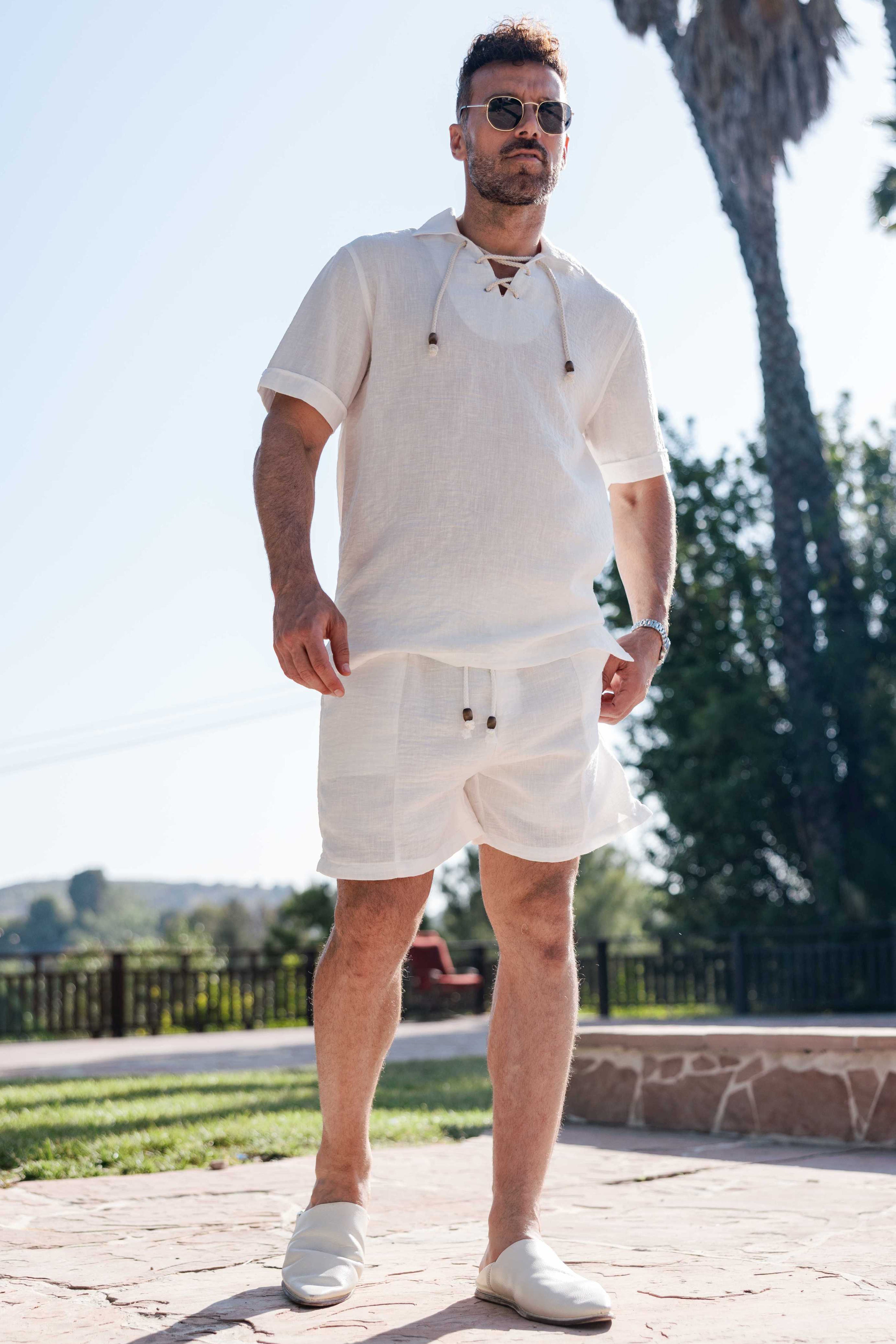 Men's Beach Resort Wear Lounge Short Set with Drawstring Shirt