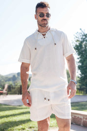 Men's Beach Resort Wear Lounge Short Set with Drawstring Shirt