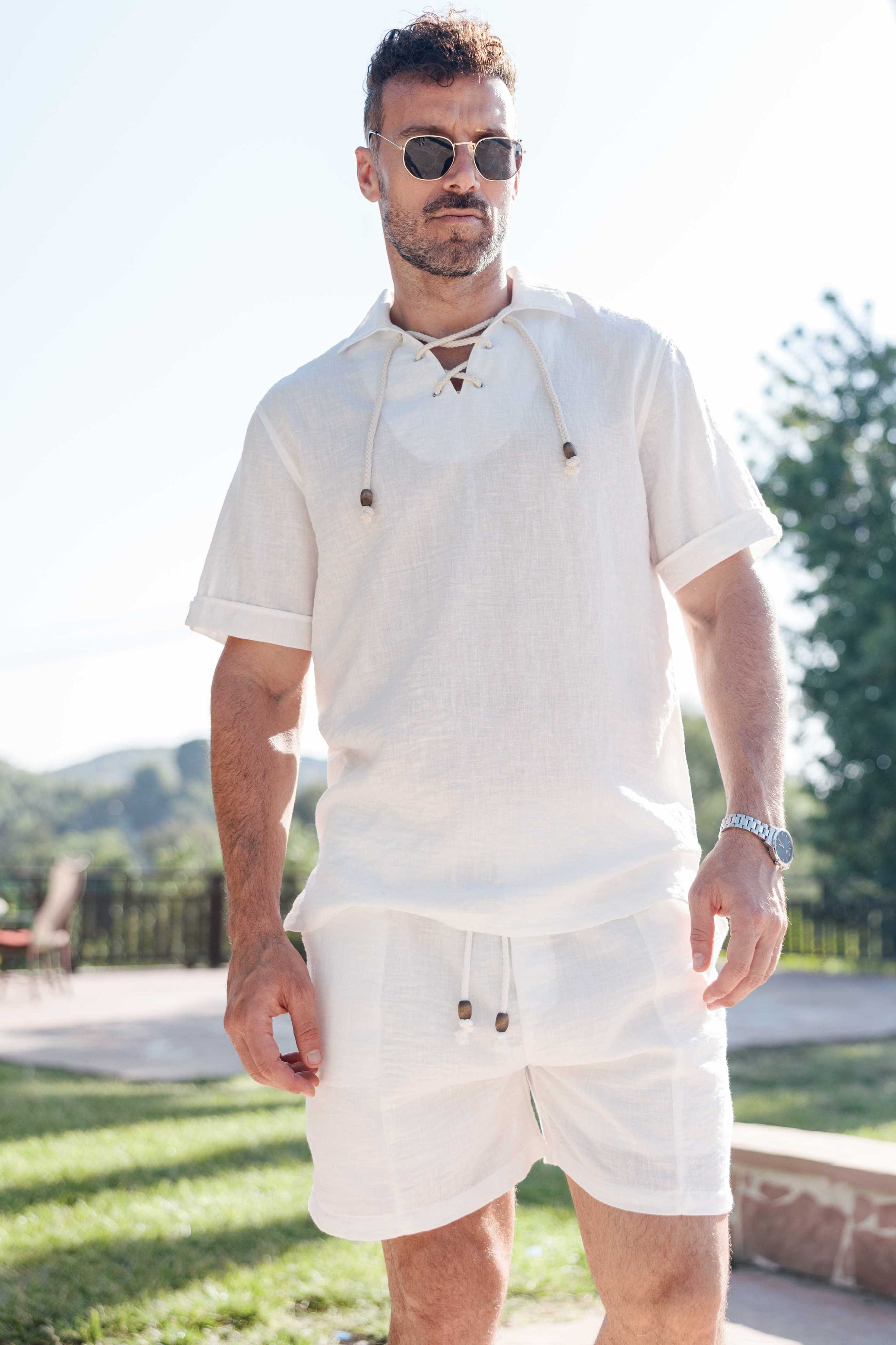Men's Beach Resort Wear Lounge Short Set with Drawstring Shirt