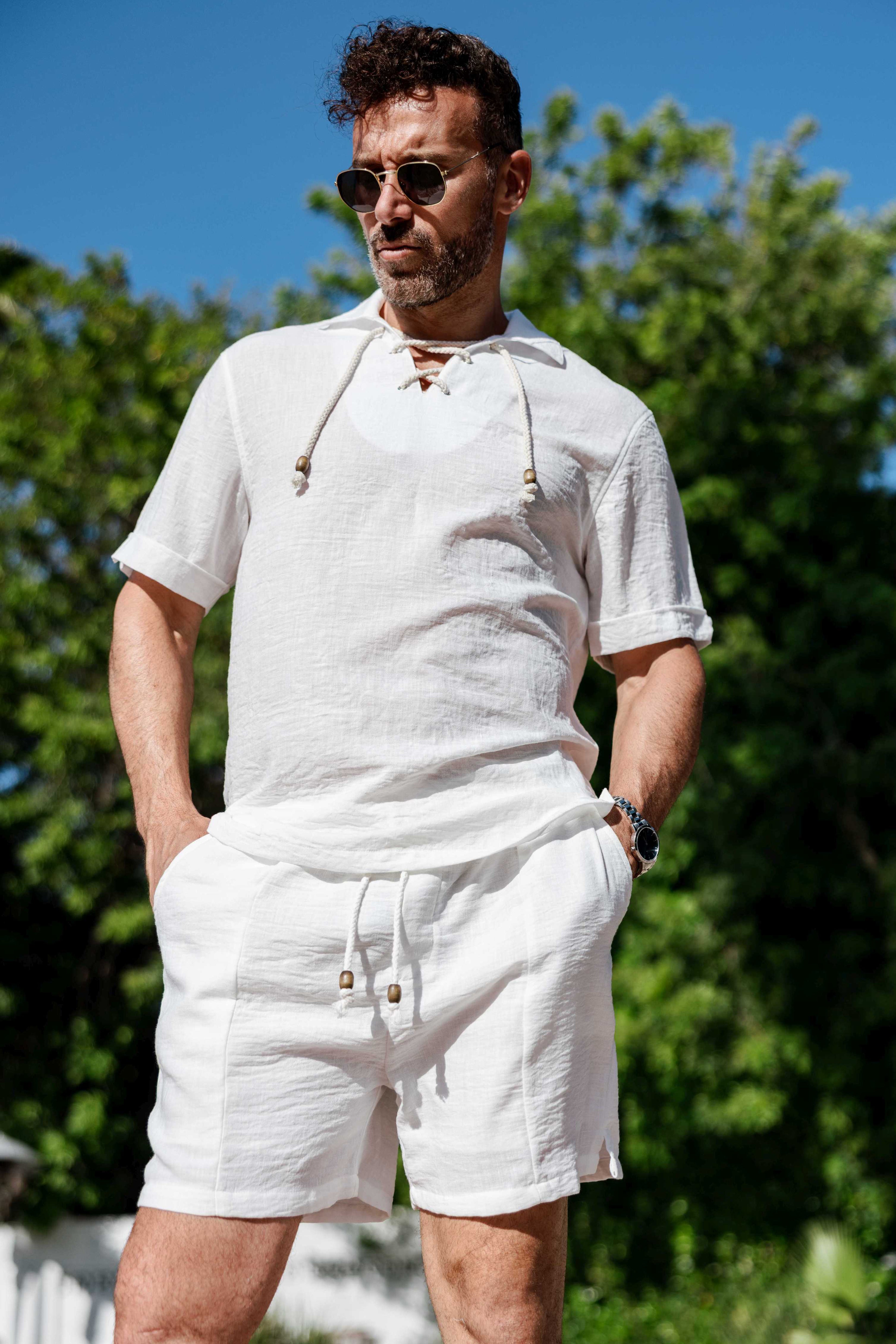 Men's Beach Resort Wear Lounge Short Set with Drawstring Shirt
