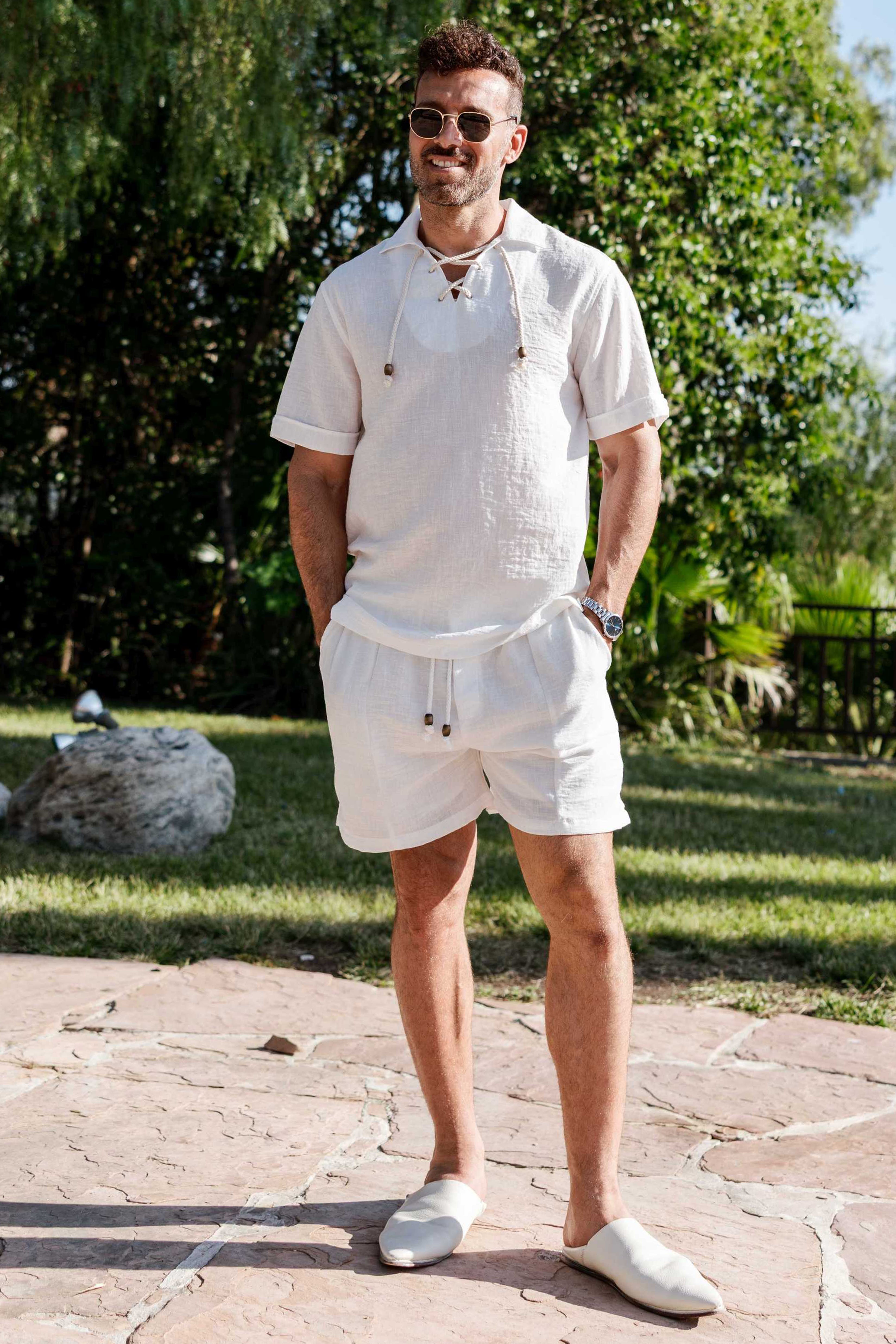 Men's Beach Resort Wear Lounge Short Set with Drawstring Shirt