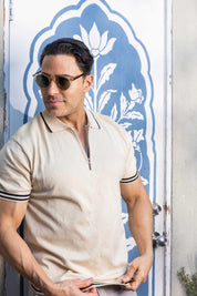 Men's Stylish Premium Knit Textured Polo Shirt with Stripe Accents