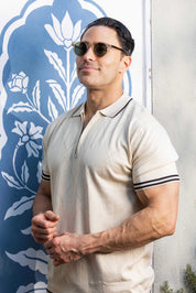 Men's Stylish Premium Knit Textured Polo Shirt with Stripe Accents