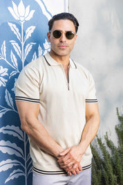 Stylish Premium Knit Textured Polo Shirt with Stripe Accents