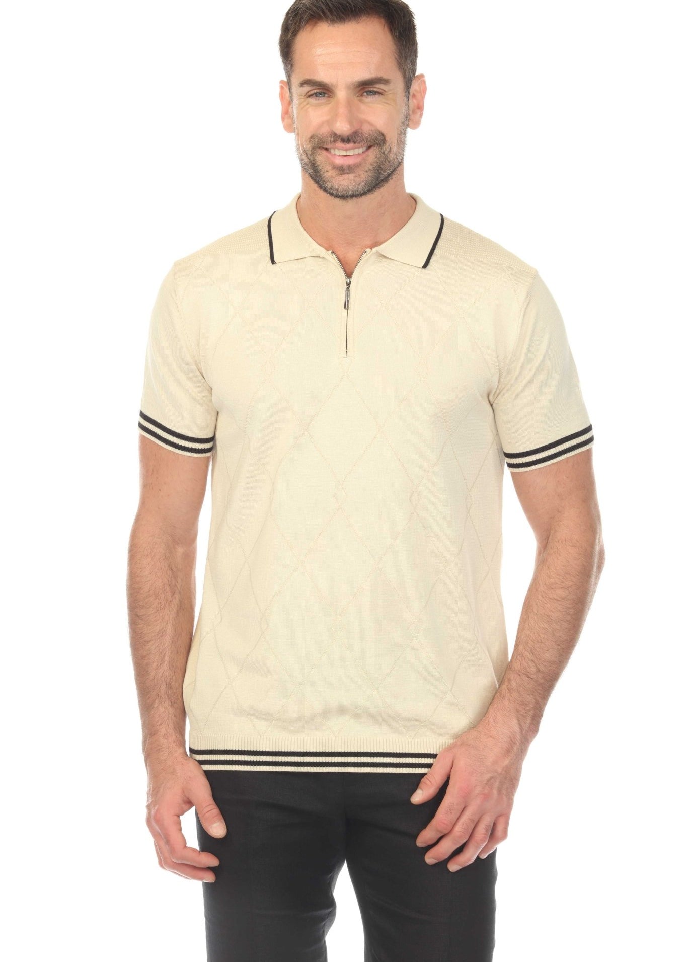 Men's Stylish Premium Knit Textured Polo Shirt with Stripe Accents