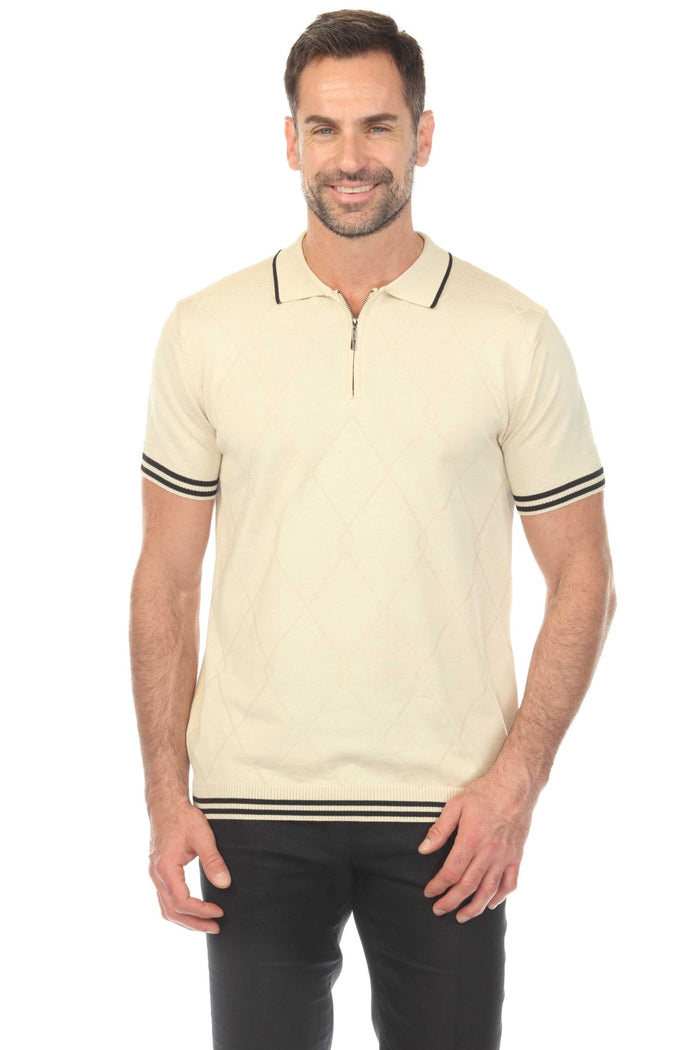 Knit Textured Polo Shirt with Stripe Accents