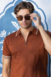 Men's Stylish Premium Knit Textured Polo Shirt with Stripe Accents