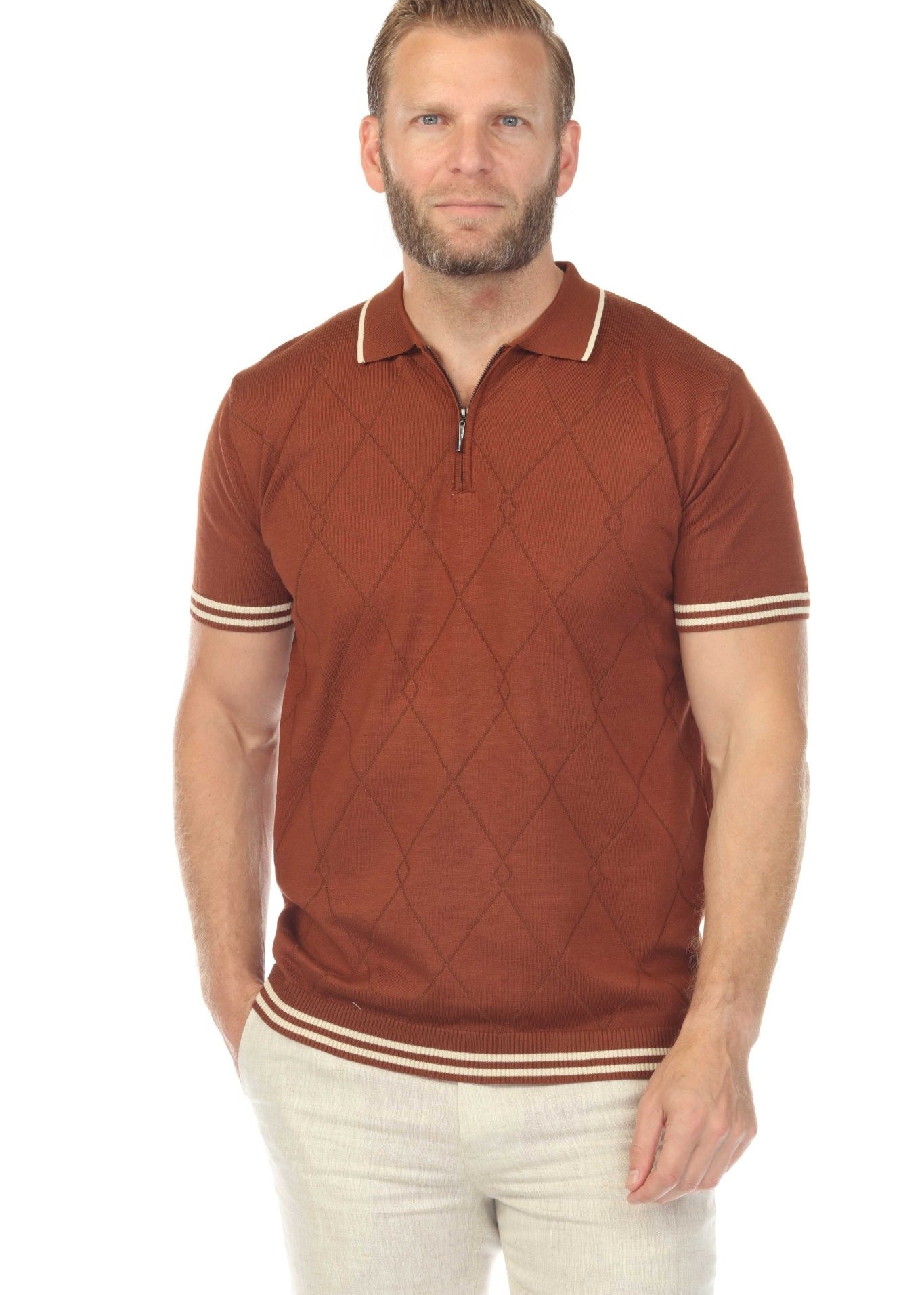 Men's Stylish Premium Knit Textured Polo Shirt with Stripe Accents