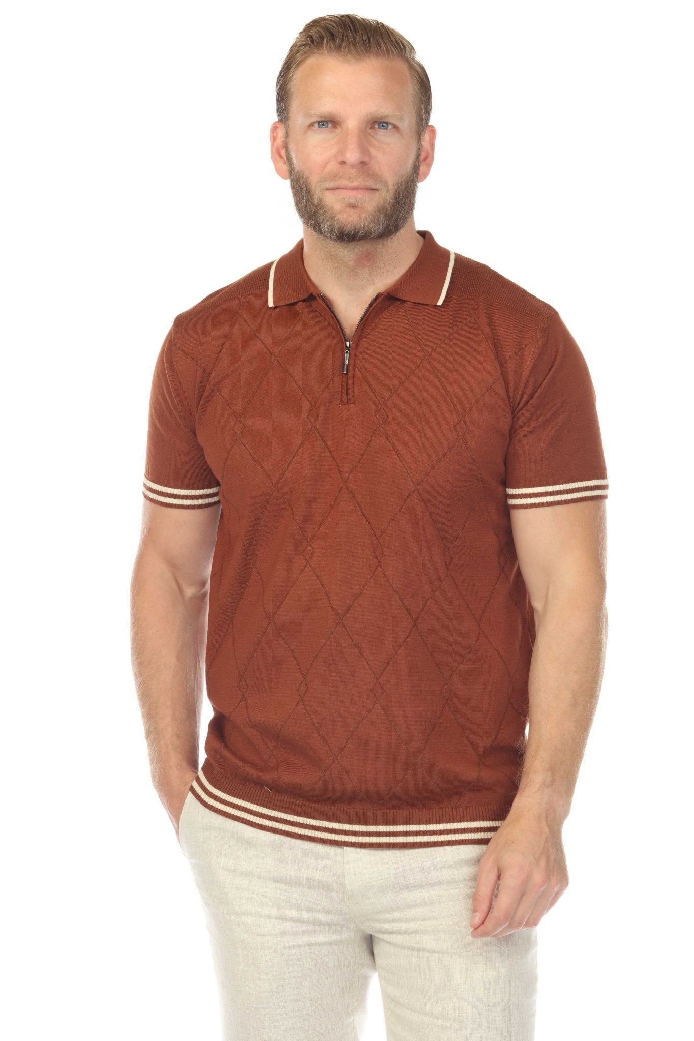 Men's Stylish Premium Knit Textured Polo Shirt with Stripe Accents