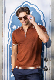 Stylish Premium Knit Textured Polo Shirt with Stripe Accents