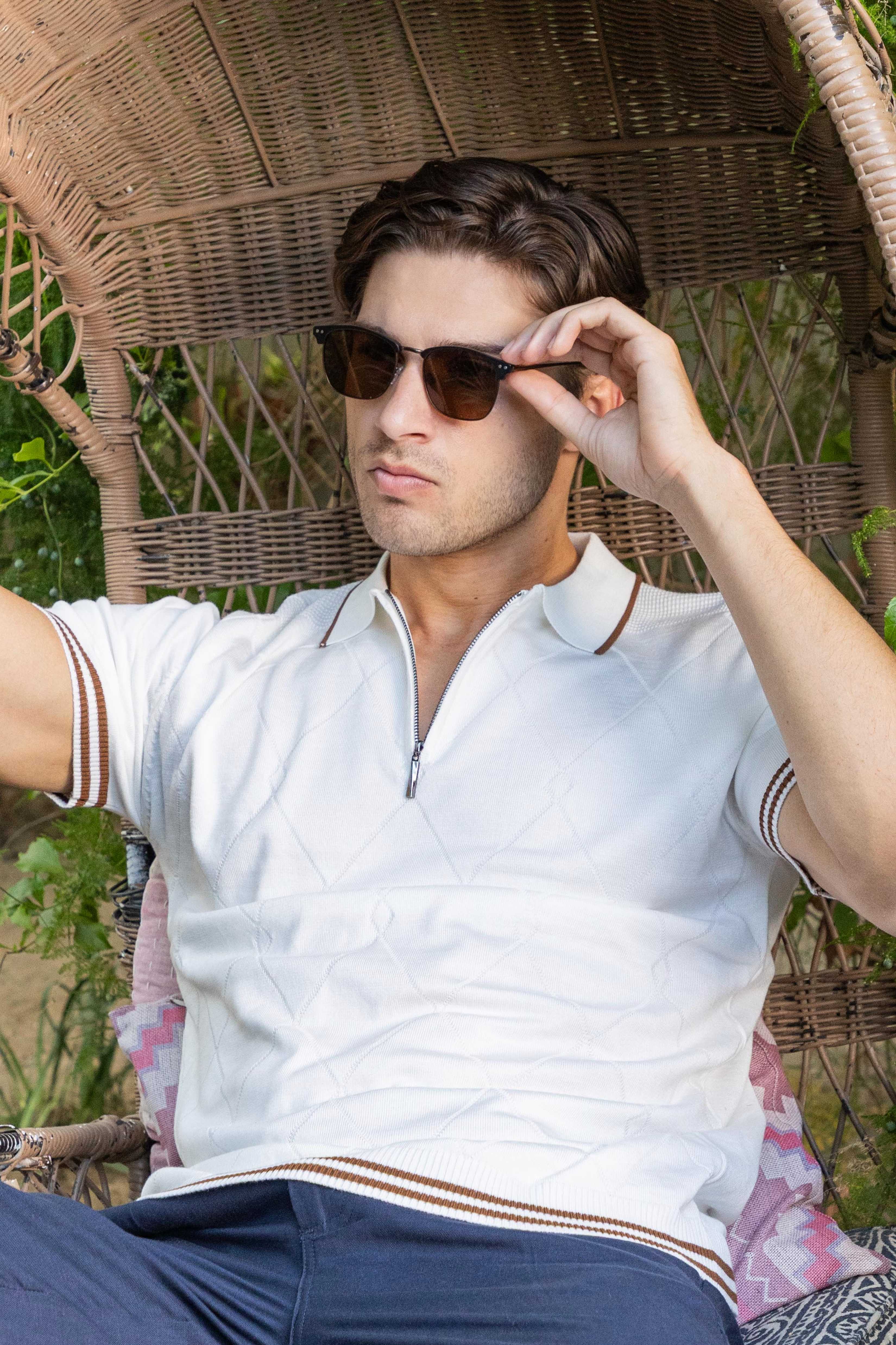 Men's Stylish Premium Knit Textured Polo Shirt with Stripe Accents