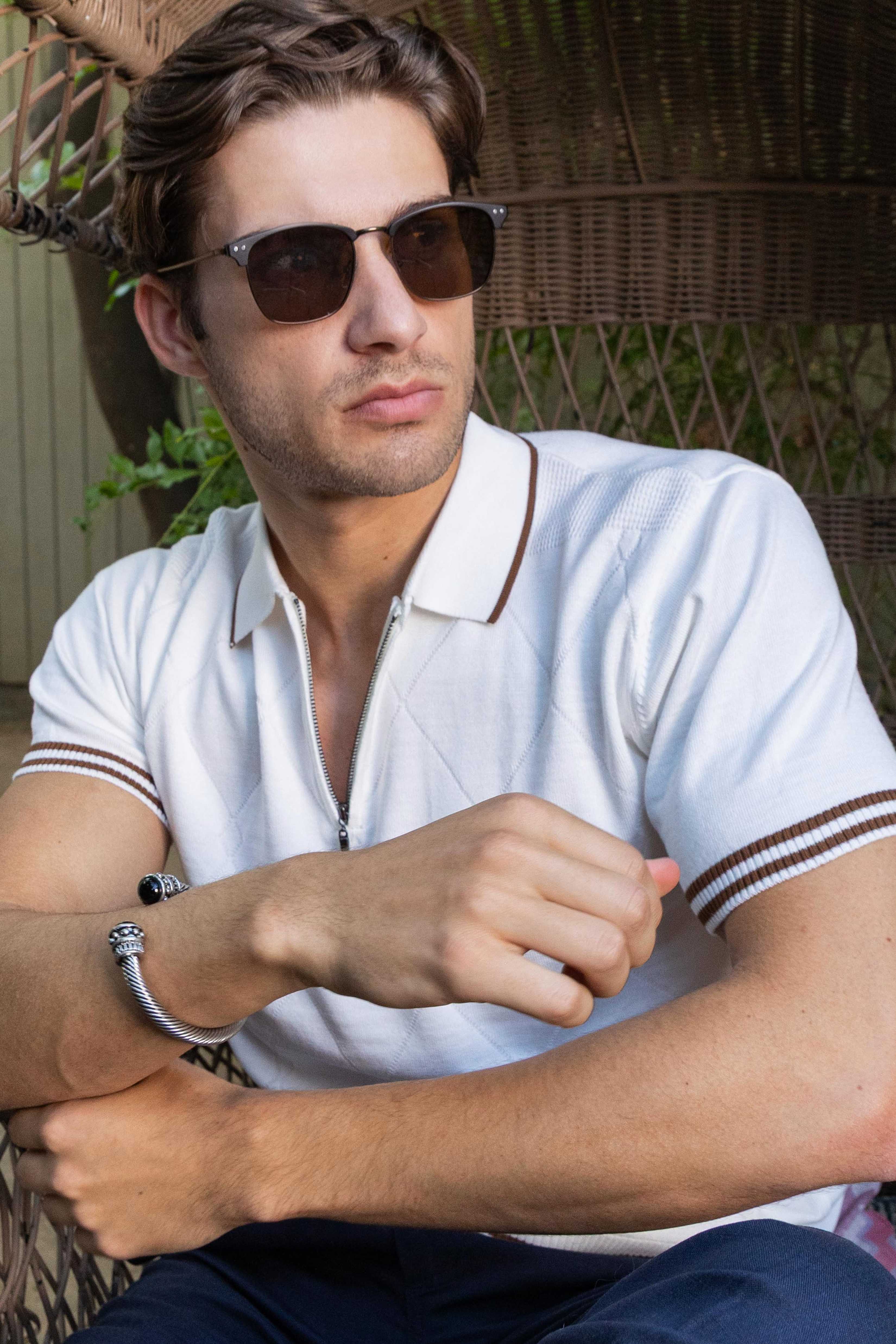 Men's Stylish Premium Knit Textured Polo Shirt with Stripe Accents