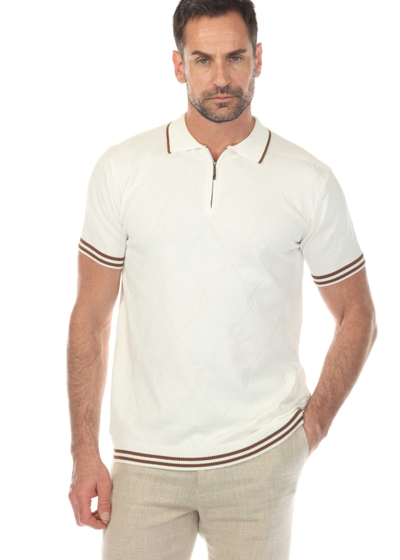 Men's Stylish Premium Knit Textured Polo Shirt with Stripe Accents