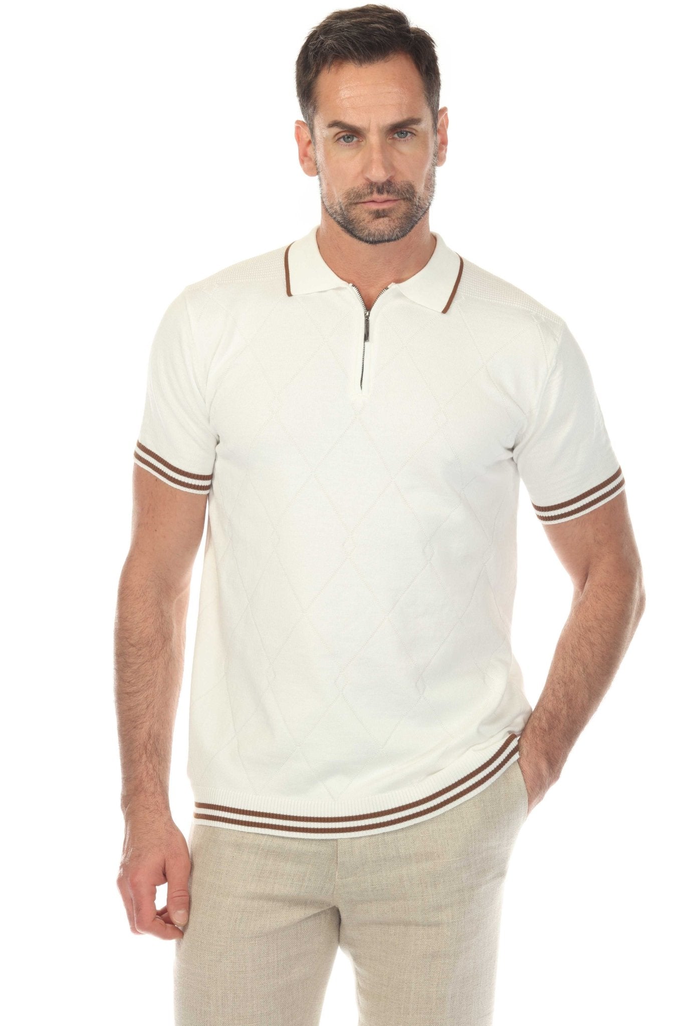 Men's Stylish Premium Knit Textured Polo Shirt with Stripe Accents