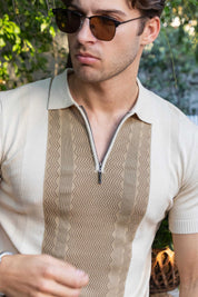 Men's Stylish Premium Knit Textured Polo Shirt with Stripe Accents