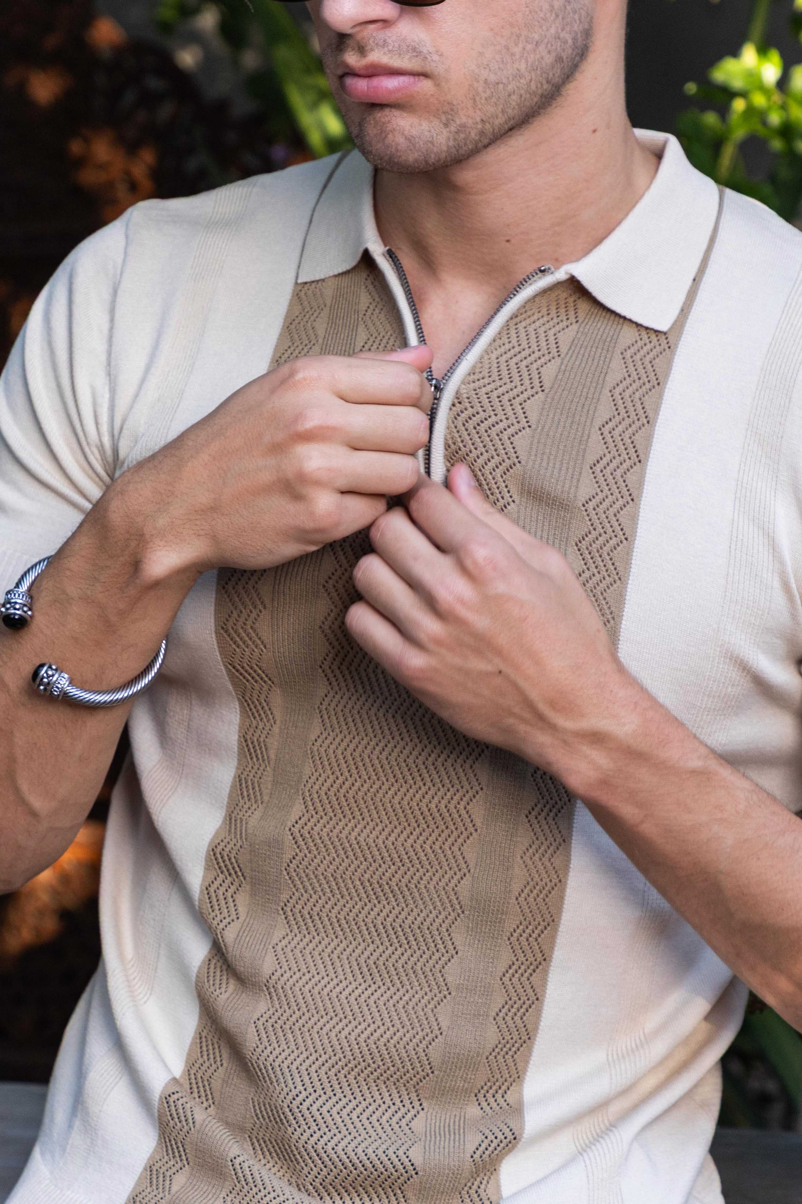 Men's Stylish Premium Knit Textured Polo Shirt with Stripe Accents