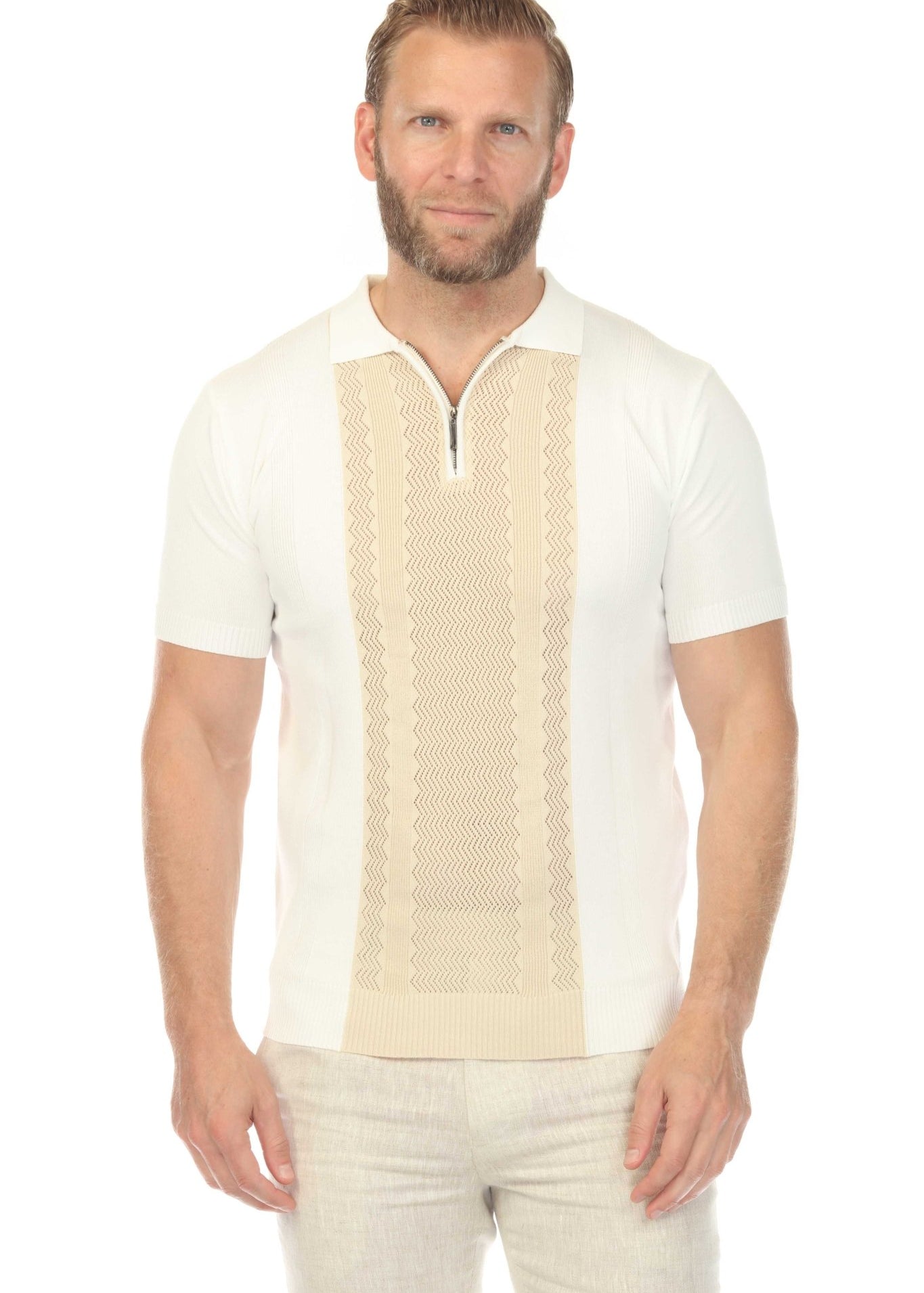 Men's Stylish Premium Knit Textured Polo Shirt with Stripe Accents