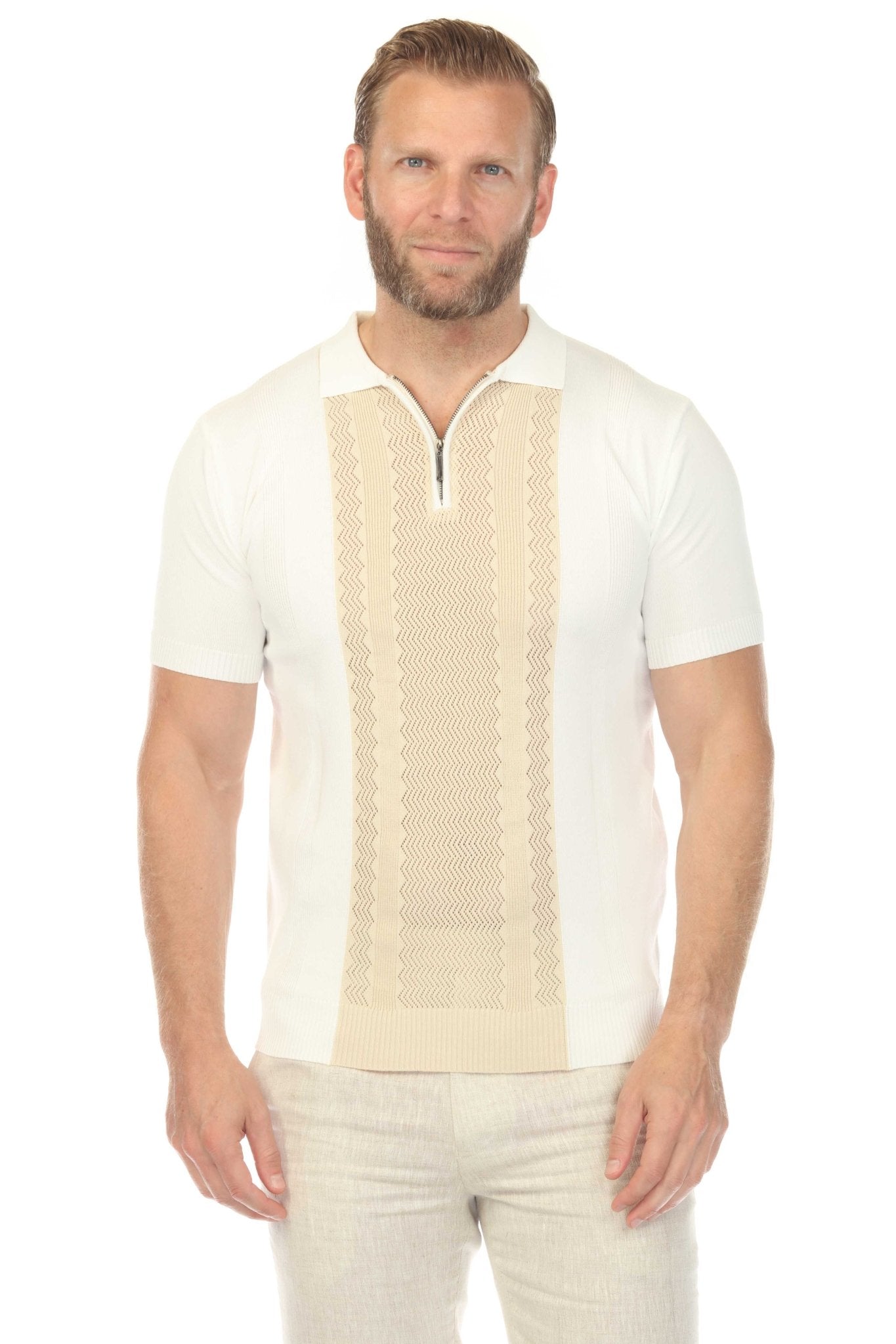 Men's Stylish Premium Knit Textured Polo Shirt with Stripe Accents