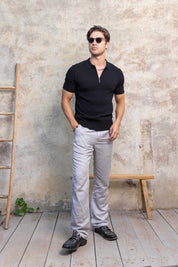 Men's Stylish Premium Knit Textured Polo Shirt with Stripe Accents