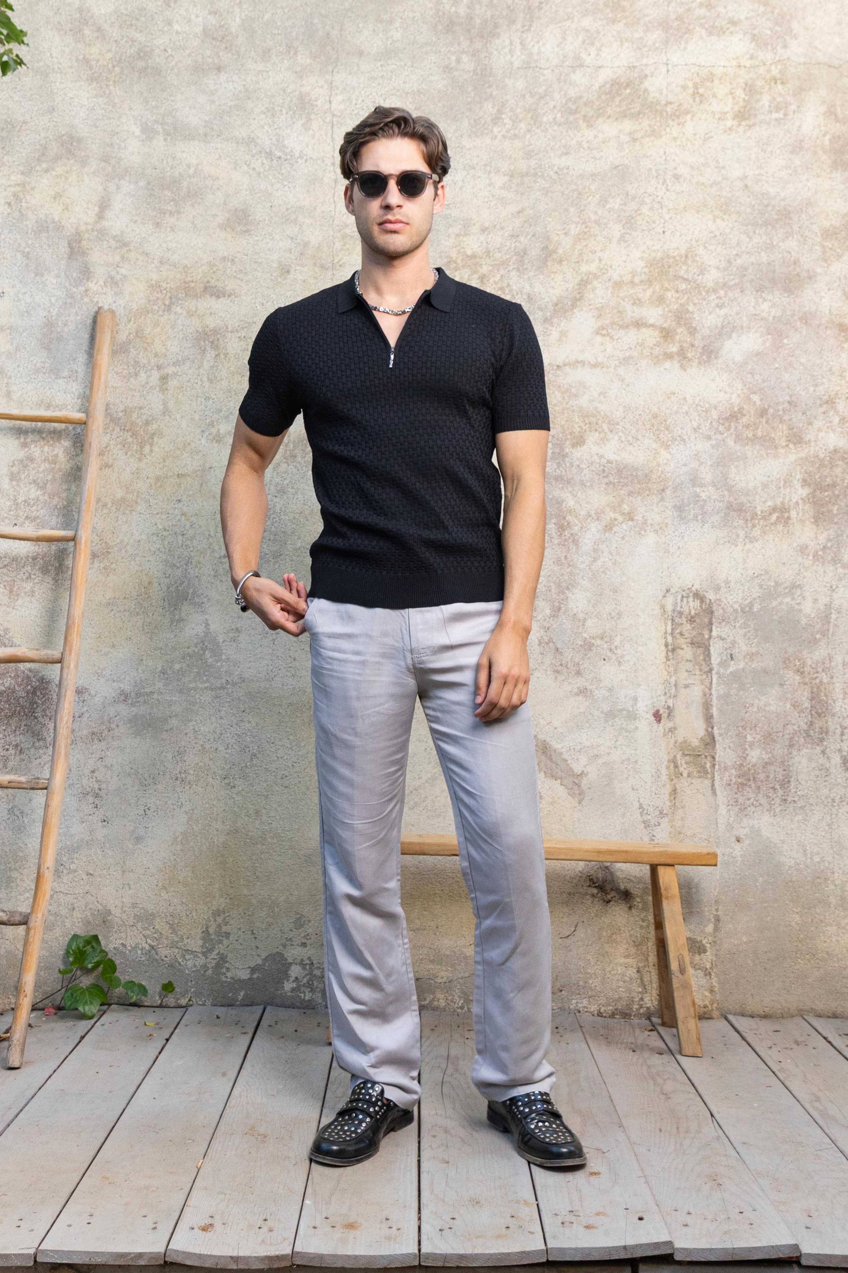 Men's Stylish Premium Knit Textured Polo Shirt with Stripe Accents