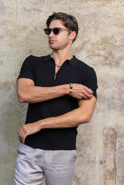 Men's Stylish Premium Knit Textured Polo Shirt with Stripe Accents