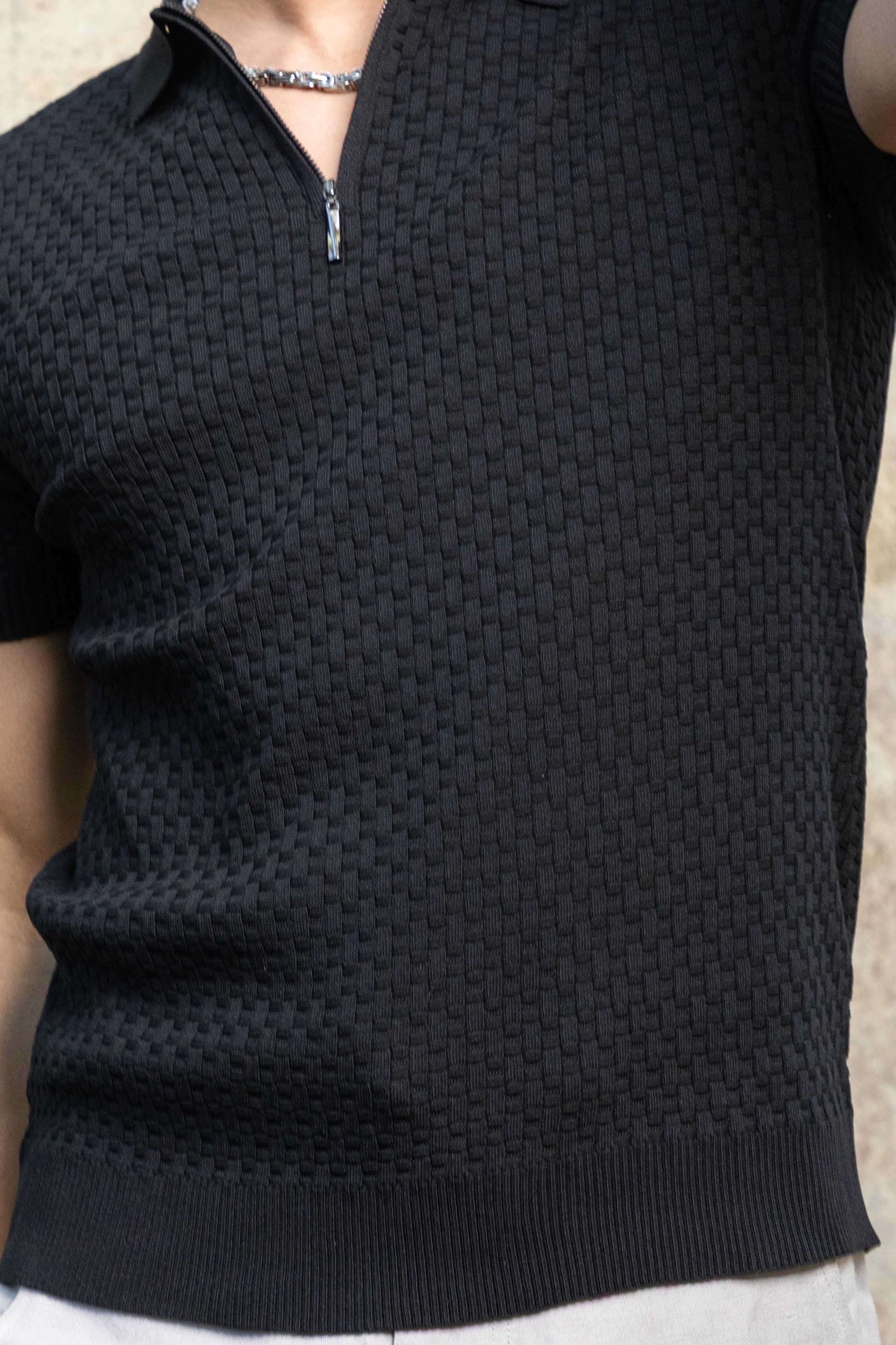 Men's Stylish Premium Knit Textured Polo Shirt with Stripe Accents