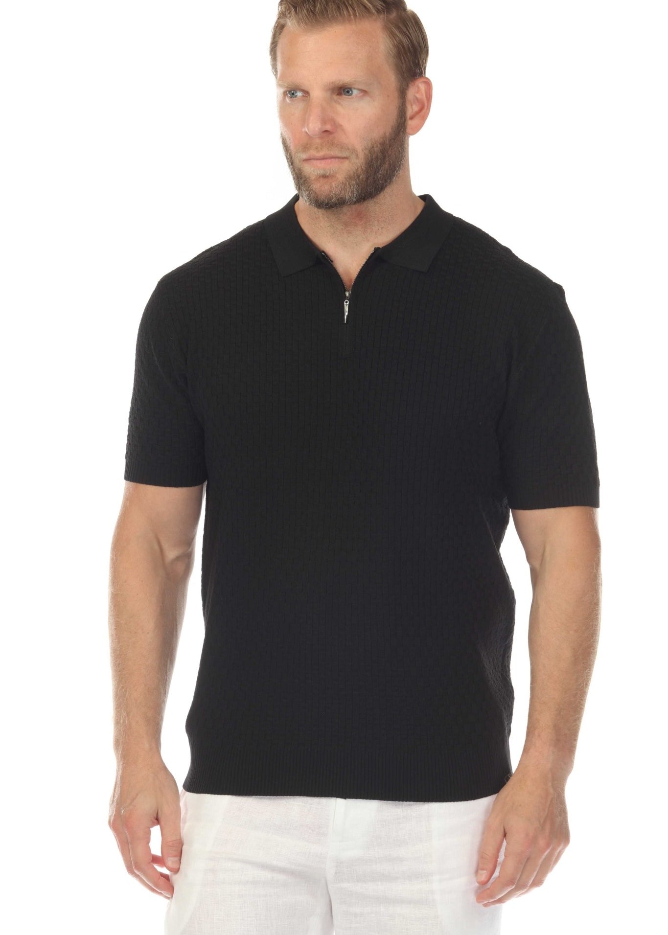 Men's Stylish Premium Knit Textured Polo Shirt with Stripe Accents