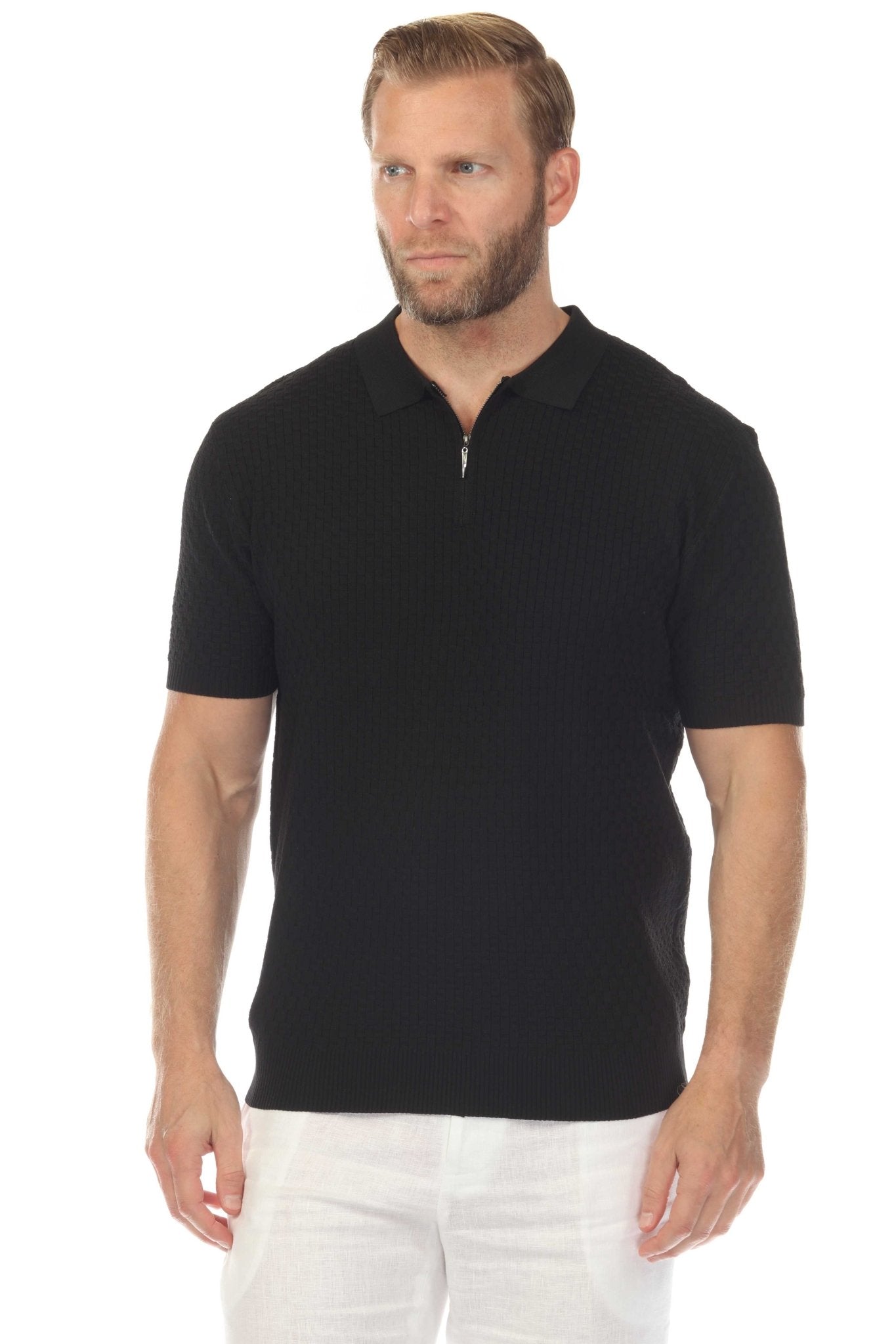 Men's Stylish Premium Knit Textured Polo Shirt with Stripe Accents