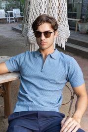 Men's Stylish Premium Knit Textured Polo Shirt with Stripe Accents