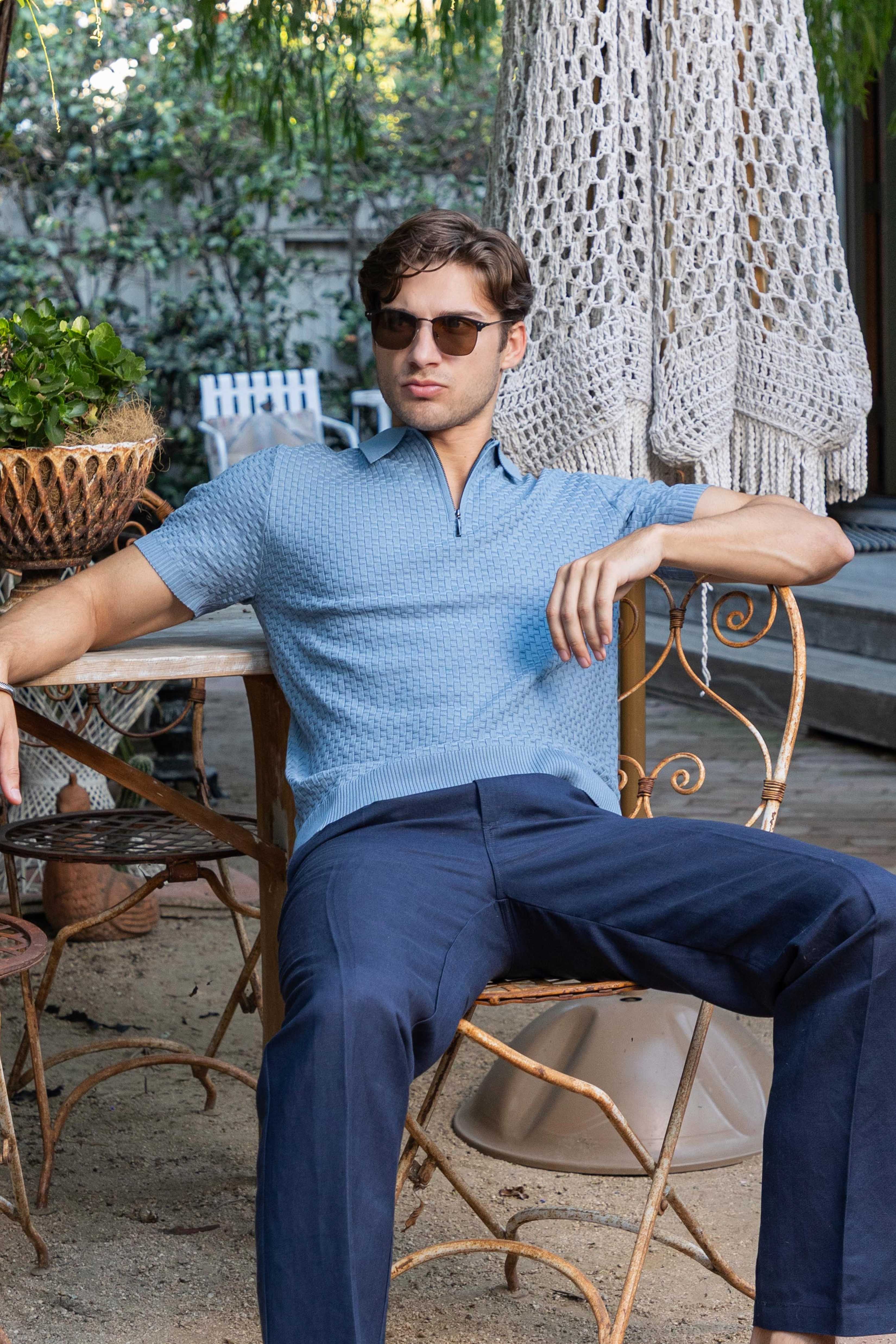 Men's Stylish Premium Knit Textured Polo Shirt with Stripe Accents