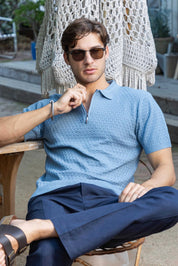 Men's Stylish Premium Knit Textured Polo Shirt with Stripe Accents