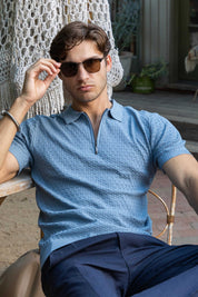 Men's Stylish Premium Knit Textured Polo Shirt with Stripe Accents