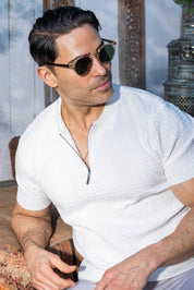 Men's Stylish Premium Knit Textured Polo Shirt with Stripe Accents