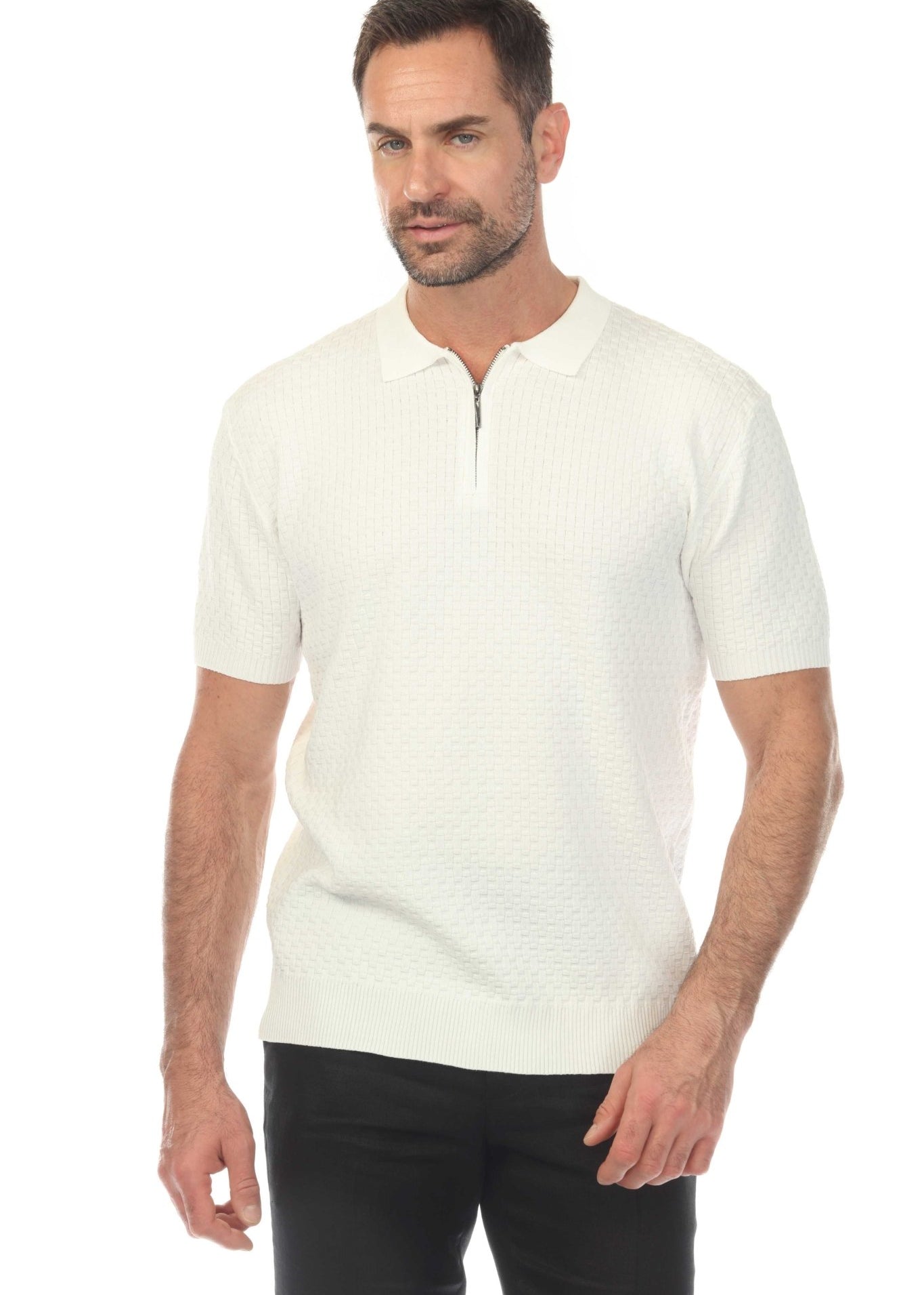 Men's Stylish Premium Knit Textured Polo Shirt with Stripe Accents