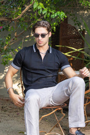 Men's Stylish Premium Knit Textured Polo Shirt with Stripe Accents