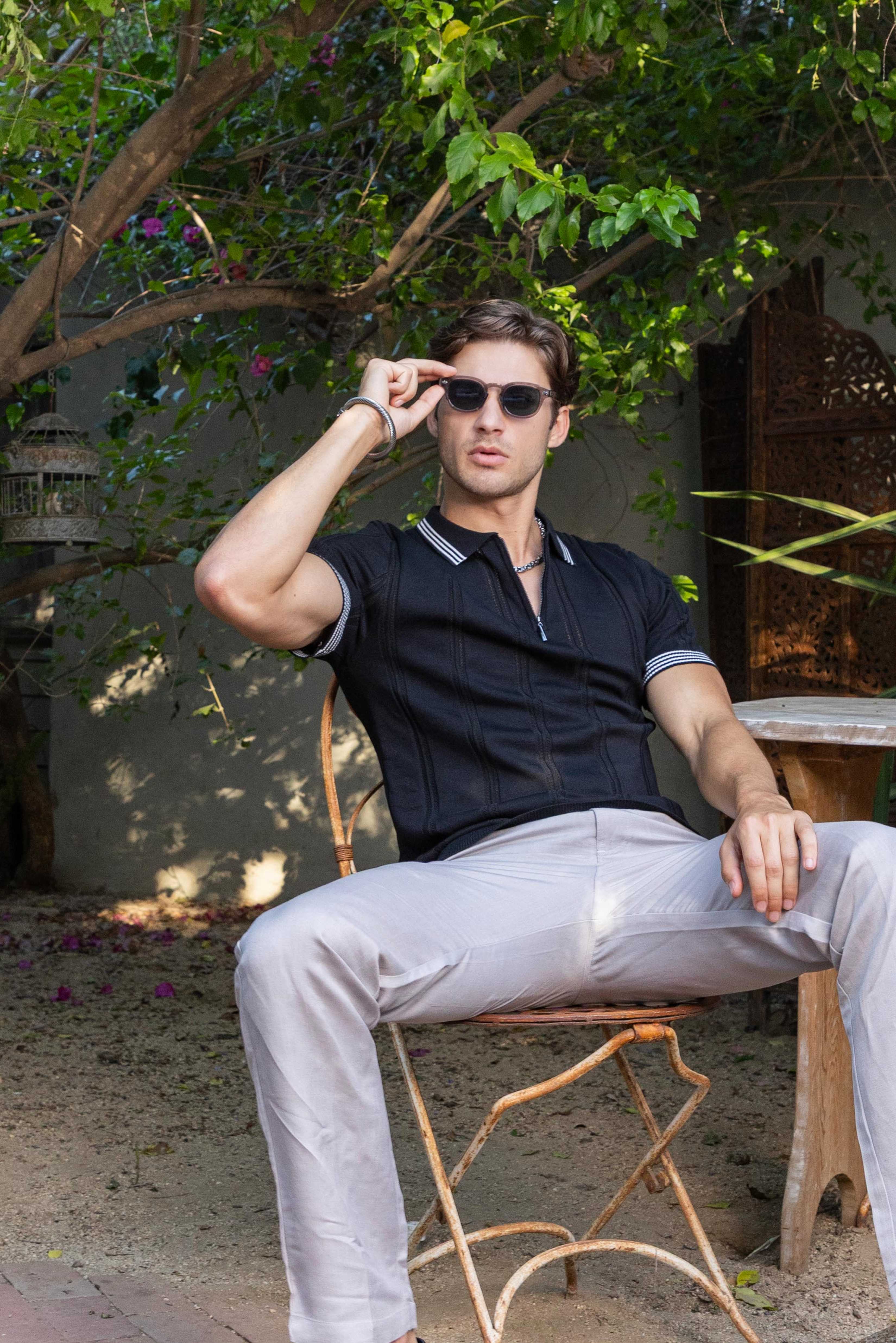 Men's Stylish Premium Knit Textured Polo Shirt with Stripe Accents