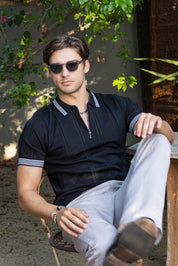 Men's Stylish Premium Knit Textured Polo Shirt with Stripe Accents