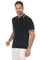 Man wears a black knit polo shirt with stripe accents; front view with partial white pants.