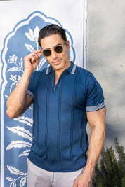 Men's Stylish Premium Knit Textured Polo Shirt with Stripe Accents