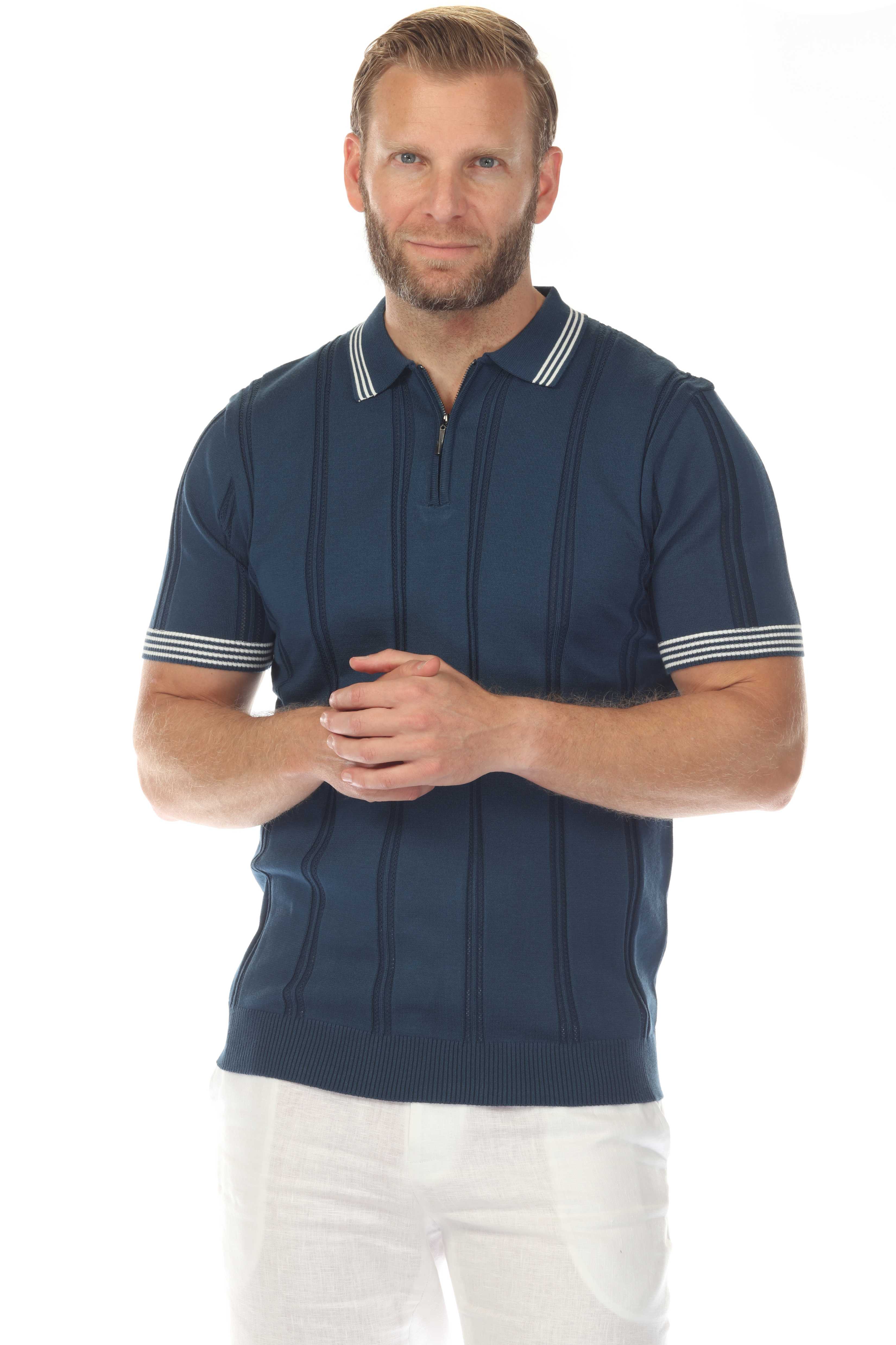 Men's Stylish Premium Knit Textured Polo Shirt with Stripe Accents