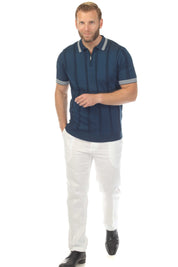 Men's Stylish Premium Knit Textured Polo Shirt with Stripe Accents