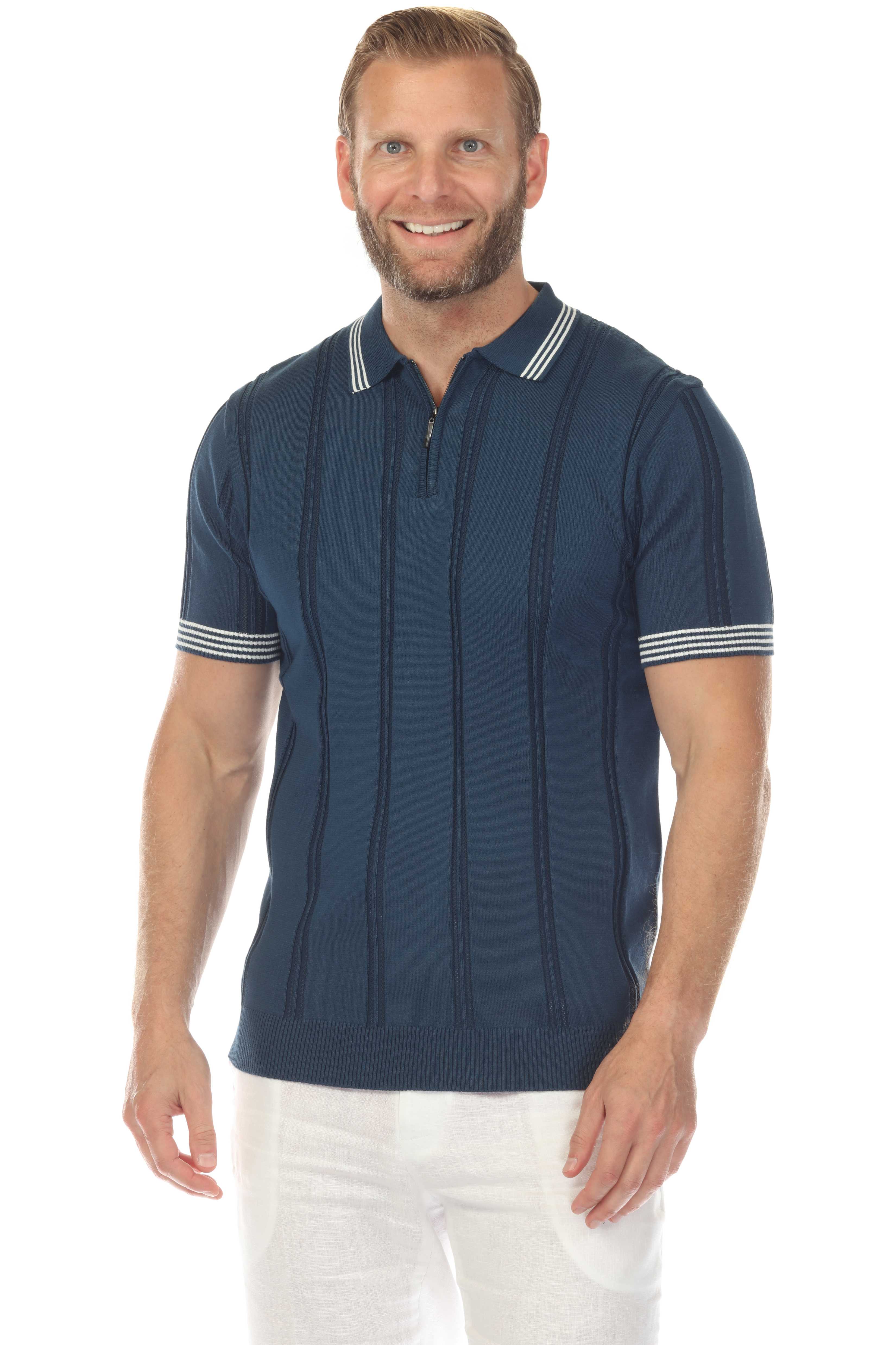Men's Stylish Premium Knit Textured Polo Shirt with Stripe Accents
