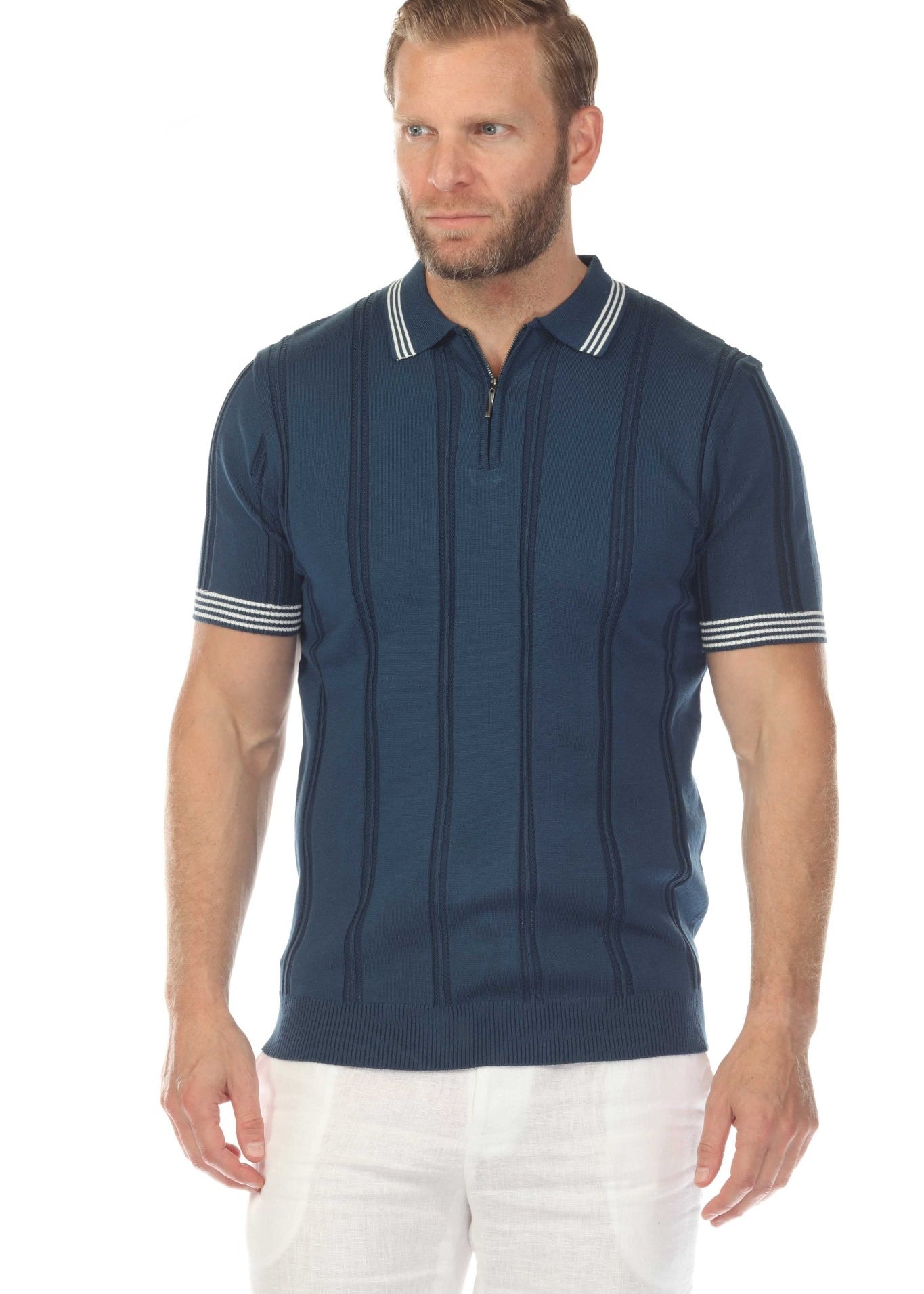 A man wears the blue Men's Premium Knit Textured Polo Shirt, shown with stripe accents on collar and sleeve.