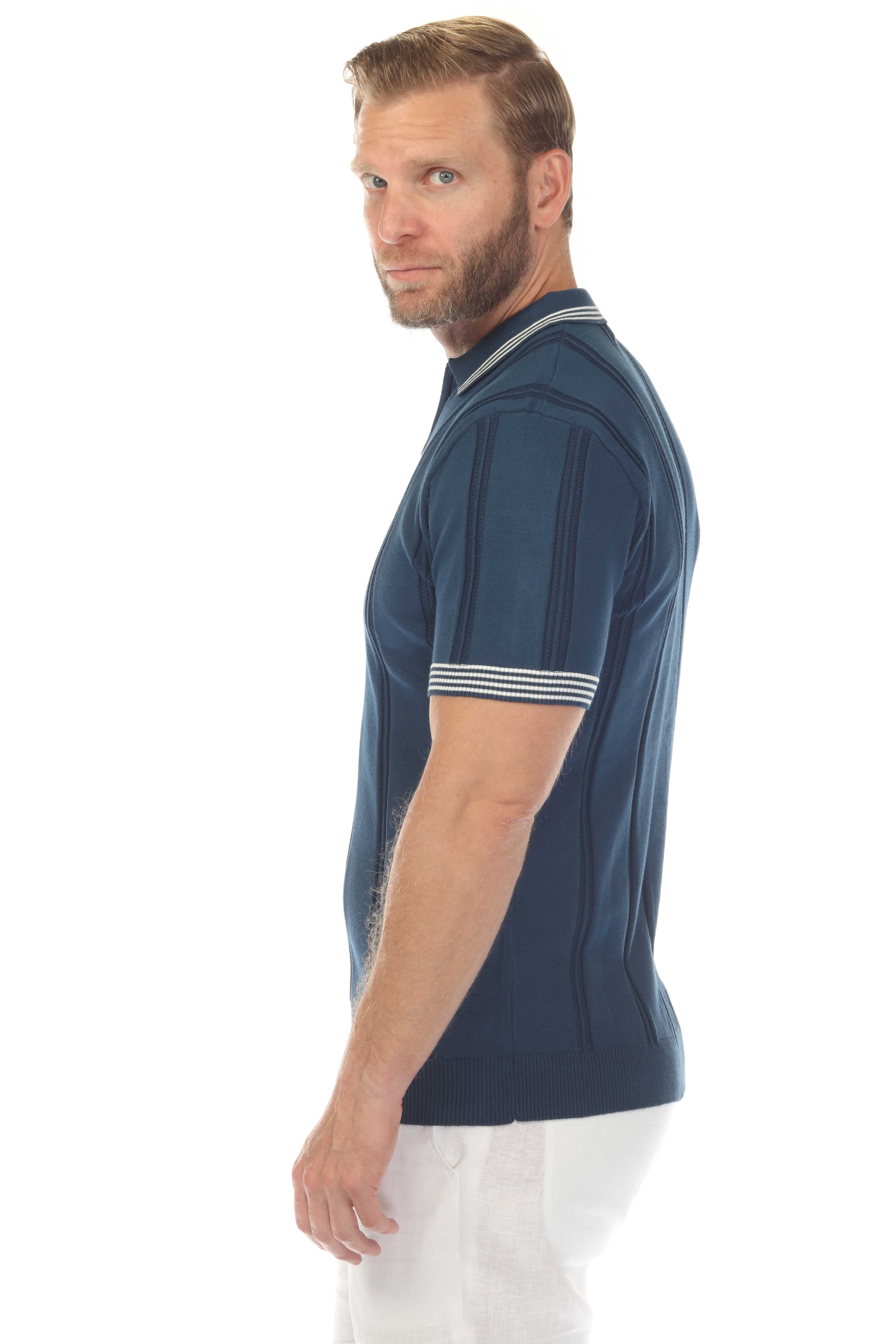 Men's Stylish Premium Knit Textured Polo Shirt with Stripe Accents