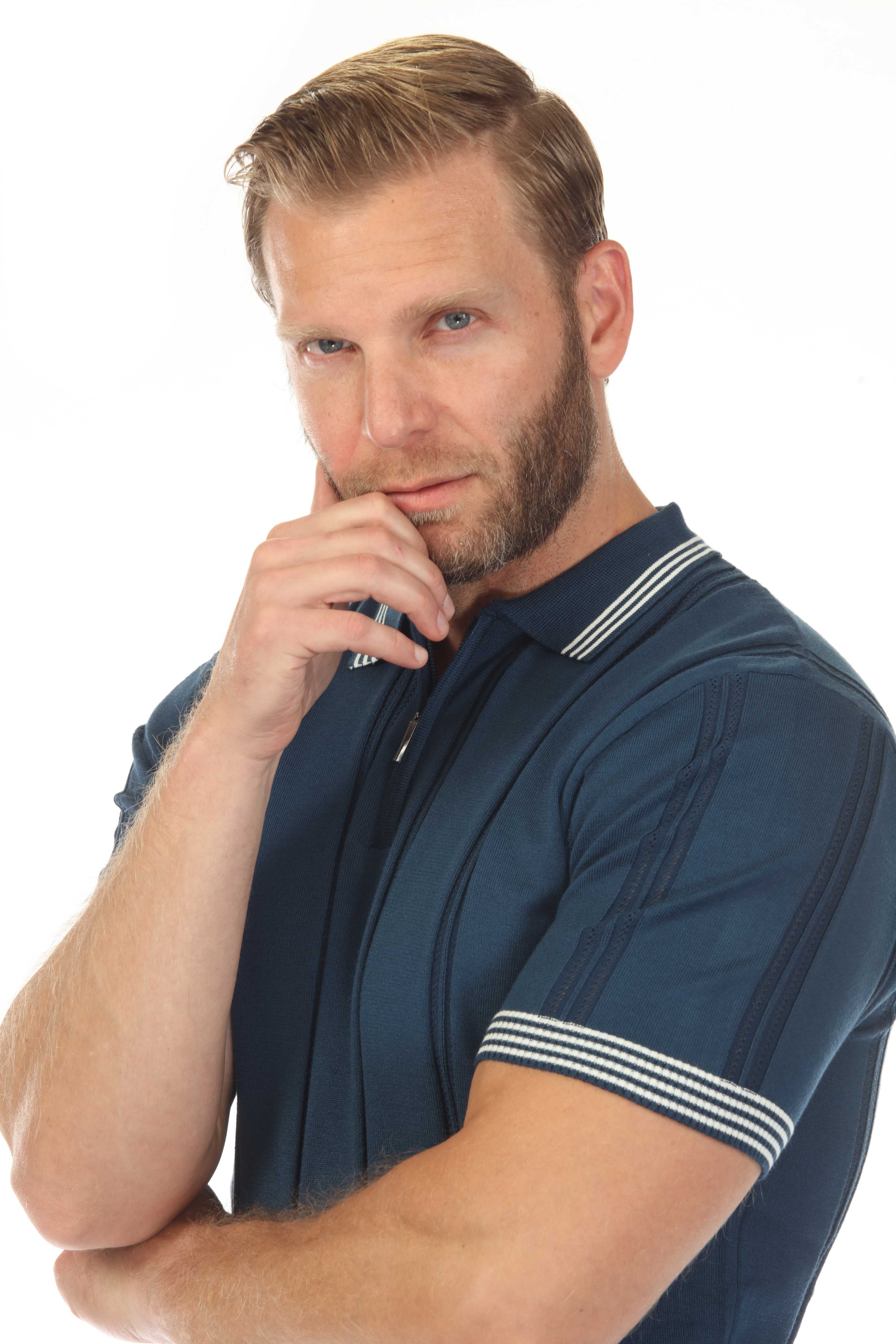 Men's Stylish Premium Knit Textured Polo Shirt with Stripe Accents