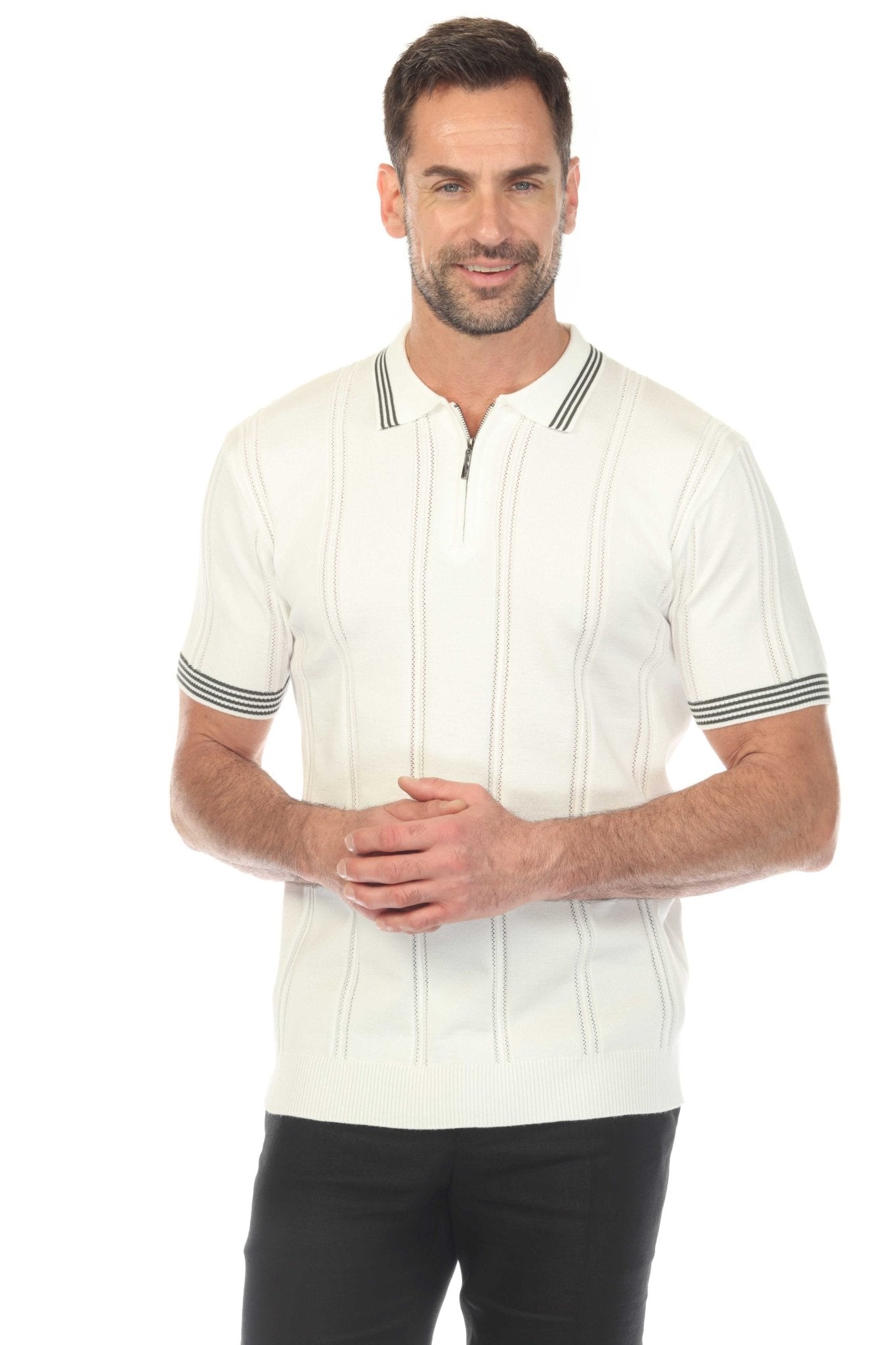 Front view of a man wearing a white Men’s Premium Knit Textured Polo Shirt with stripe accents.