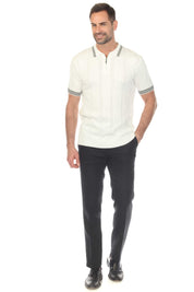 Men's Stylish Premium Knit Textured Polo Shirt with Stripe Accents