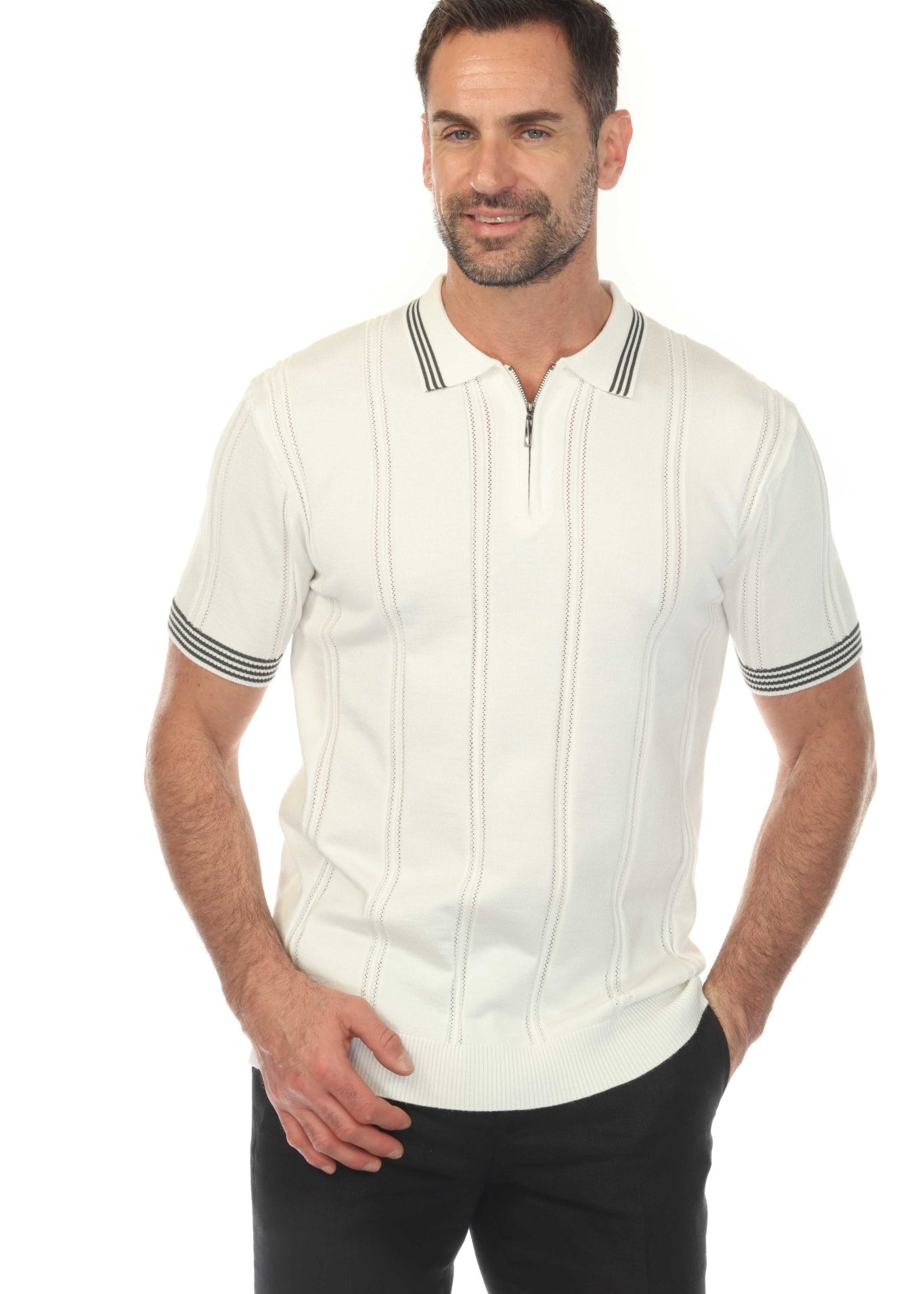 A man wearing the white Men's Premium Knit Textured Polo Shirt with Stripe Accents.