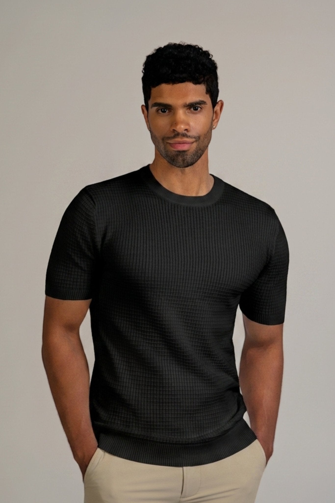 Waffle Knit Crew Neck Short Sleeve Sweater