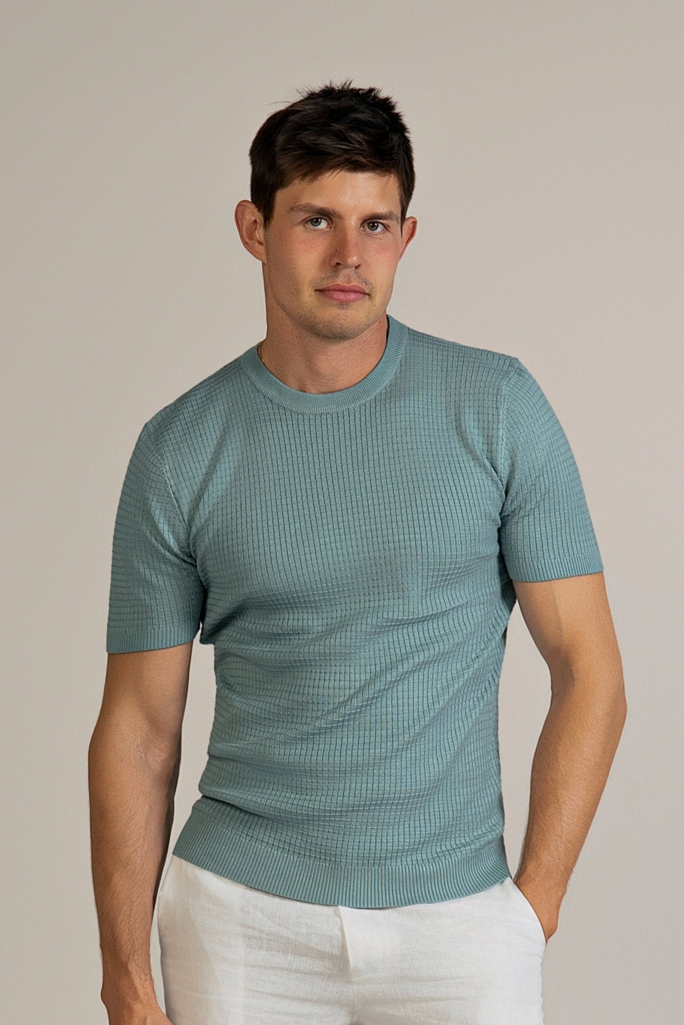 Waffle Knit Crew Neck Short Sleeve Sweater